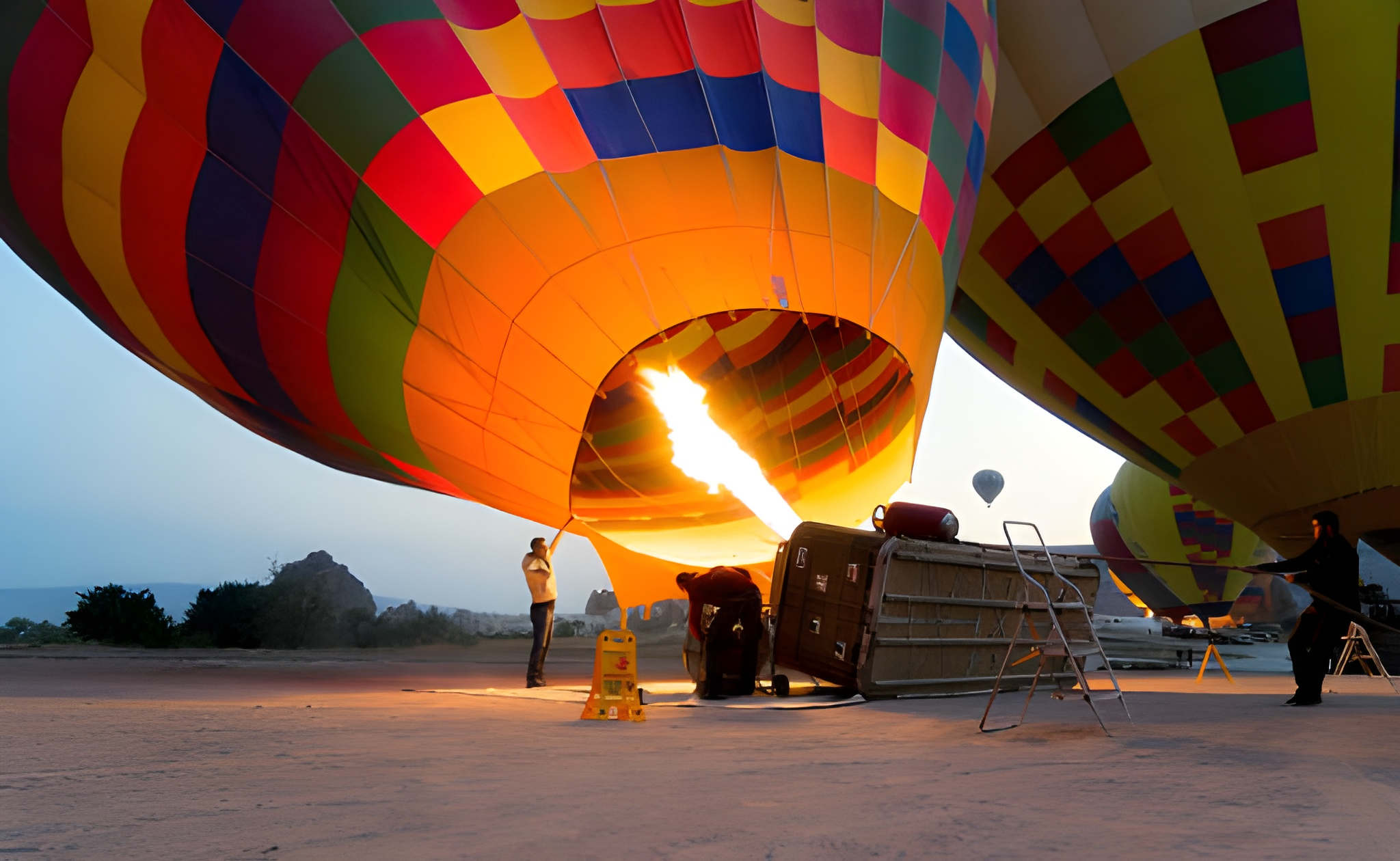 Hot air balloon inflation in the morning